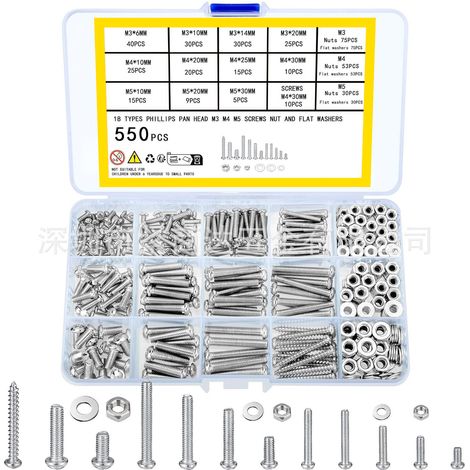 Ensemble de 550 vis, boulons et écrous, vis à métaux métriques, écrous et rondelles plates, jeu de boulons hexagonaux M3/M4/M5 (1/5)
