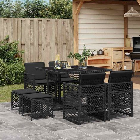 Ensemble de Jardin 9 Pièces avec Coussins Noir  Table en Verre et Résine Tressée 110x106 cm  4 Chaises et 4 Tabourets Empilables (1/5)