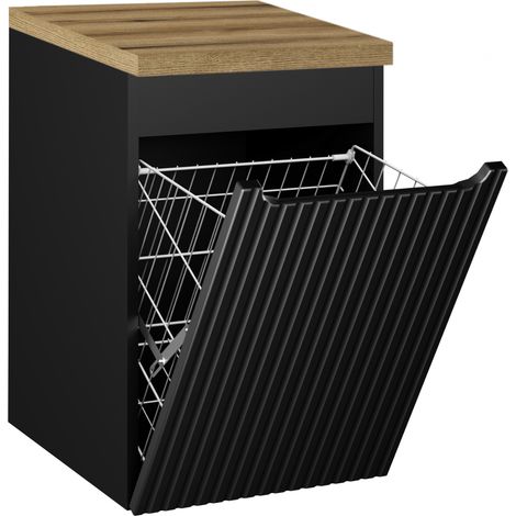 Meuble bas de salle de bain NOVA noir avec panier à linge et plan en chêne 40 cm (1/5)