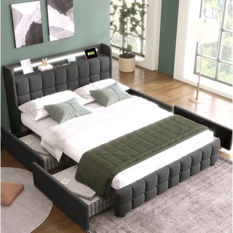 Lit avec rangement en tissu gris 140x200 cm, LED, prises USB et 4 tiroirs, sommier à lattes inclus (1/5)