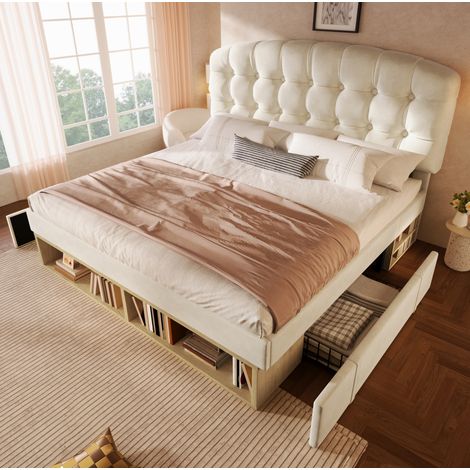 Lit double 140x190 cm en velours beige avec rangements, pour chambre, sans matelas – MEUBLIV (1/5)