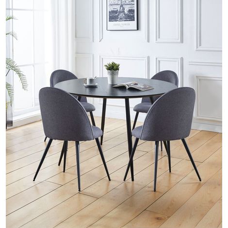 Hallowood Furniture Cullompton Large Round Dining Table and Chairs Set 4, Black Kitchen Table with Curve-Back Dark Grey Fabric Upholstered Chairs, Modern Dining Room Sets for Home and Cafe (1/5)