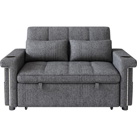 Divano letto 2 posti grigio in tessuto Chenille con LED, USB Type-C e schienale regolabile (1/5)