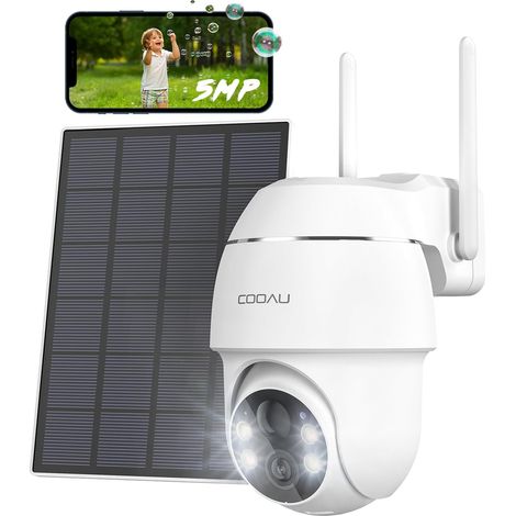 COOAU 5MP Außensicherheitskamera mit Solarpanel – 4dBi Akku – Außenkamera mit WLAN, H.265-Videokompression, 4 Scheinwerfern, Cloud-Speicher, 2,4GHz (1/5)