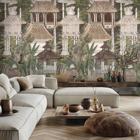 Fototapete Profhome 790151 heißgeprägte Vliestapete leicht strukturiert mit asiatischem Muster matt braun grün grau-beige creme-weiß 1,59 m x 2,8 m