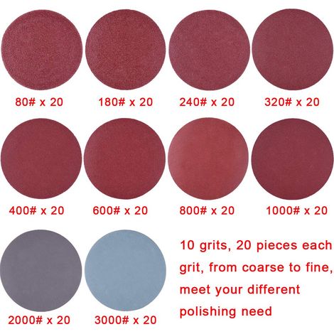 200 Pièces Disques de Ponçage 50mm Disques Abrasifs Grain 80 180 240 320 400 600 800 1000 2000 3000 pour Meulage Fraisage Gravure