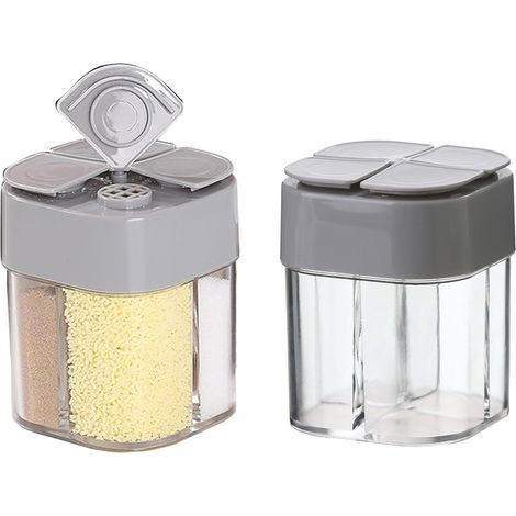 Salière et poivrière en plastique gris 4 en 1, 2 pièces, pour herbes aromatiques, pots à épices de voyage, pour cuisine, barbecue et camping (1/5)