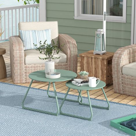 Lot de 2 tables basses rondes gigognes empilables de Jardin métal époxy. Table d'Appoint Stable pour extérieur. vert