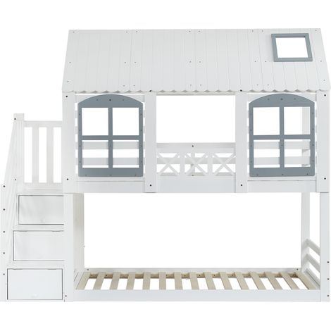 Letto a castello per bambini 90x200 cm con tetto, finestra e scala contenitore bianco grigio (1/5)