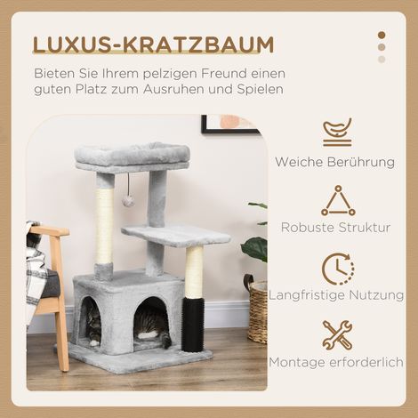 Arbre à chat gris clair 85 cm avec coin massage, niche, couchage, plateforme et poteau à griffer en sisal. (1/4)
