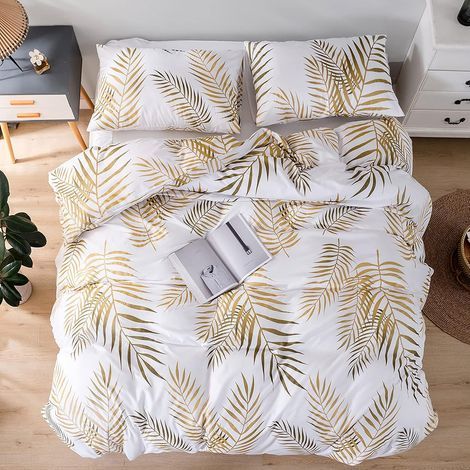 Bettwäsche-Set Bettbezug Länge 240 Breite 220 cm Tropisches Blattmuster Gold Botanik Doppelbett und 2 x Kissenbezüge 50x75 cm 100% Mikrofaser Bettwäsche mit Reißverschluss, Gold (1/5)