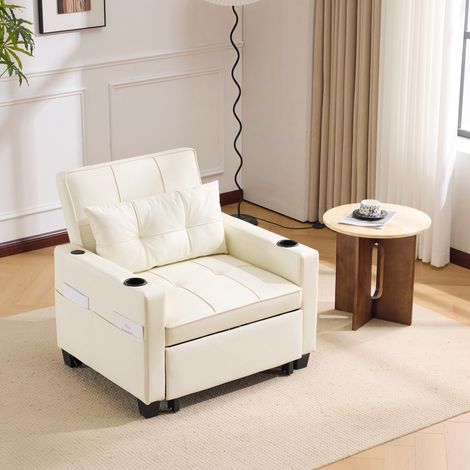 Einzelschlafsofa 74x87x84 cm, 3 in 1, verstellbare Rückenlehne, Getränkehalter, Holz und Metall, Weiß (1/5)