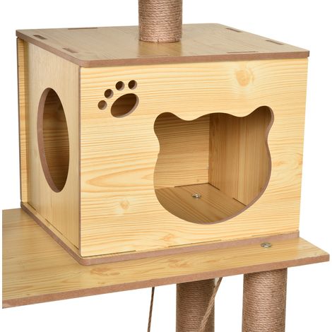 Arbre à chat avec cabane, 2 espaces de repos, hamac et jouet balle, en bois, polyester et sisal, 60x40x130 cm