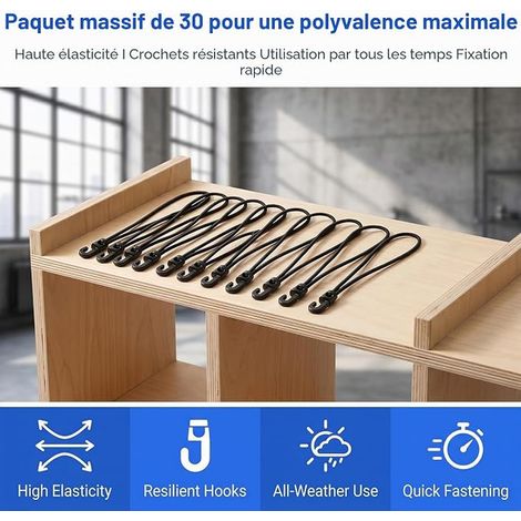 Tendeurs Elastique avec Crochets, Tendeur Bache Piscine 25cm, Sandows de Fixation Noirs pour Bâche, Tente, Remorque, Bagages, Jardin, Camping, Couverture et Usage Extérieur