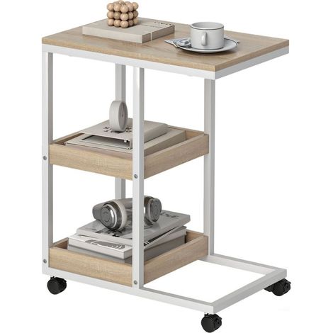 Table of auxiliary in shape of C with casters, shelves lorsqu and structure in steel for living room or bedroom, 51 x 33 x 66 cm, natural and white (1/5)