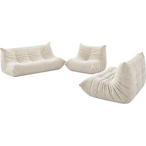 Sofa-Garnitur HHG-928, Couchgarnitur Polster-/Loungesofa 3-Sitzer 2-Sitzer Sessel Stoff Cord (300g/m²) cremeweiß (1/5)