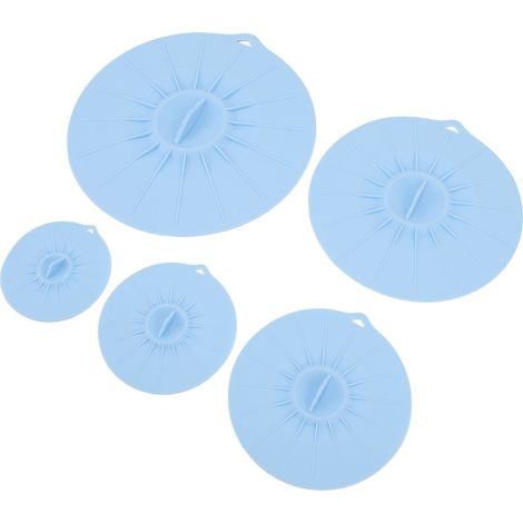 Couvercles en silicone résistant à la chaleur, réutilisables, compatibles avec le micro-ondes, avec ventouses pour bols, casseroles et poêles, lot de 5, bleus. (1/5)