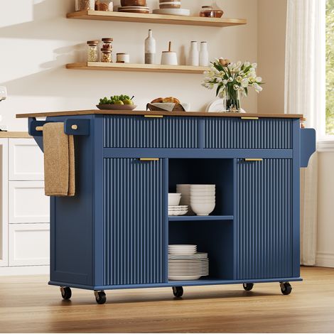 Meuble cuisine sur roulettes avec plan de travail rabattable, 2 tiroirs, 2 portes, bleu DESVIAE (1/5)