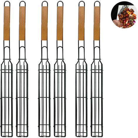 Lot de 2 Panier à griller, Grille carrée antiadhésif, Manche en bois, Pour viande et légumes, Barbecue extérieur (1/5)