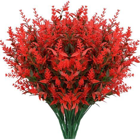 Fleurs artificielles ZOELNIC (8 bouquets) - Lavande artificielle - Fleurs décoratives d'extérieur, résistantes aux UV, pour porche et encadrement de fenêtre - Rouge (1/2)