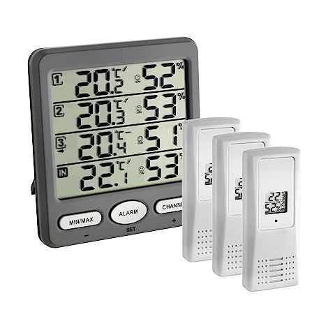 TFA Dostmann Termo-igrometro digitale radiocontrollato Klima-Monitor, 30.3054.10, con 3 sensori esterno, temperatura e umidità, clima ambientale, valori di allarme, grigio (1/4)