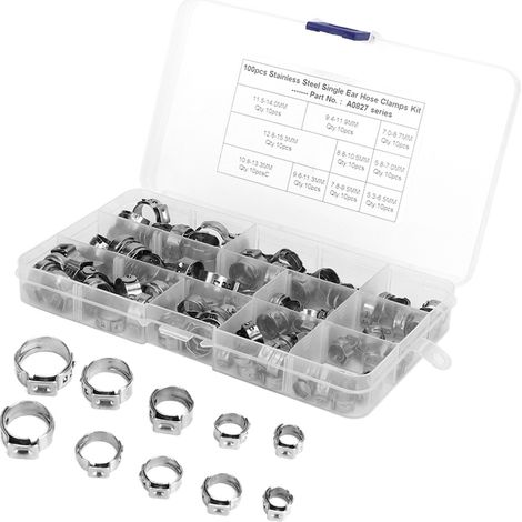 100 Edelstahl-Schlauchschellen, einohriger Flansch, stufenloses Crimp-Set (1/5)