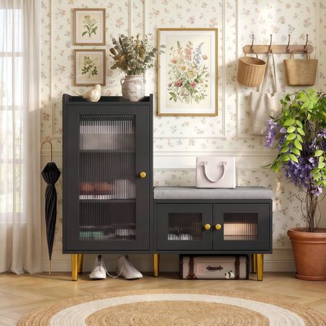 Meuble à Chaussures avec Banc Rembourré 100x35x90cm Rangement Entrée Style Moderne Armoire à Chaussures Portes en Verre Cannelé Étagères Réglables - Noir (1/5)