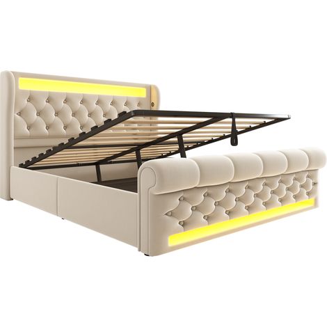 Polsterbett 160x200 cm mit LED, USB- und Typ-C-Anschlüssen, Samt, Beige, mit Stauraum (1/5)