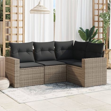 Canapé d'Angle de Jardin 4 Places en Résine Tressée Gris avec Coussins (1/3)