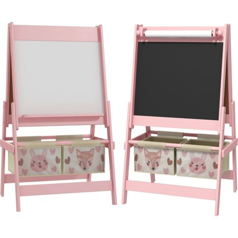 Chevalet 3-en-1 Enfant avec Rouleau Papier, Tableau Noir/Blanc et Panier Rangement - 54x46,5x93cm - Rose (1/5)