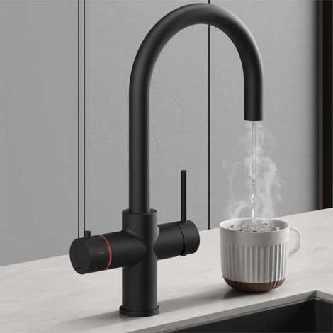 Matt Black 3 in 1 Instant Boiling Hot Water Kitchen Tap Curved Spout Cool Touch