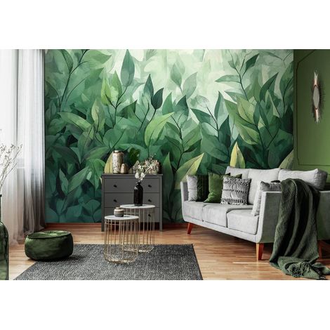 Fototapete Blätter Grün Natur, für Wohnzimmer und Schlafzimmer, 300 x 210 cm – Komplettset inkl. Kleister & Anleitung (1/5)
