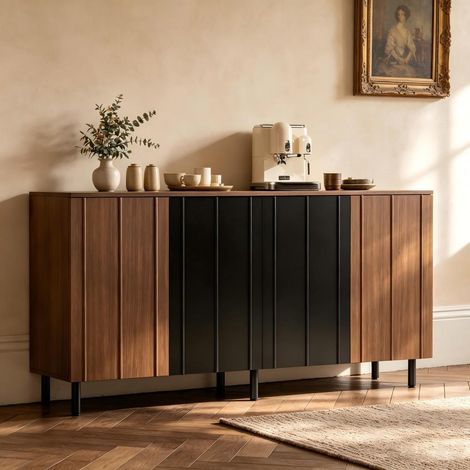 Buffet de Cuisine 4 Portes Meuble de Rangement Salle à Manger avec Étagères Réglables 160 x 35 x 80 cm Finition Noyer et Noir (1/5)