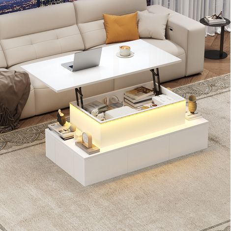 Tavolino da caffè sollevabile 100 x 50 x 40 cm con 4 cassetti, LED, MDF bianco HAVRYA (1/5)