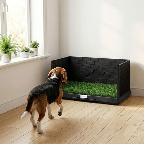 Toilette pour Chien avec Gazon Artificiel, Parois Hautes et Plateau Coulissant, Système de Drainage, 75x51x36,5cm, Noir (1/5)