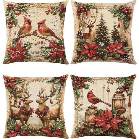 Fundas de cojín navideñas de 45 x 45 cm (juego de 4) Diseño vintage de cardenales y renos Fundas de cojín decorativas de poliéster de doble cara (1/5)