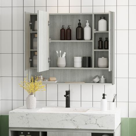 Mobiletto da bagno a parete con specchio, mobiletto a 3 ante con specchio, ripiani regolabili, 90x15x75 cm, grigio