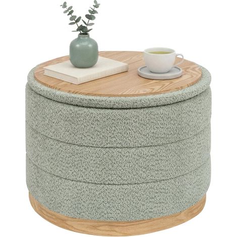 Pouf avec espace de rangement et plateau de table, rond, pliable, pour salon, chambre à coucher, couloir, chenille, socle en cuir synthétique grain de bois, vert, 58 x 58 x 44 cm (1/5)
