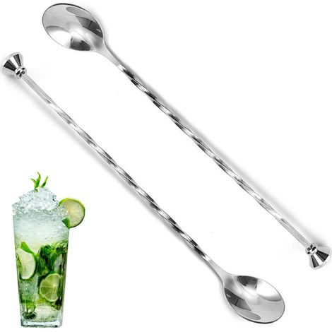 Lot de 2 cuillères à cocktail, 30 cm, en acier inoxydable, avec pilon, cuillère à mélanger pour barman-AquaForge