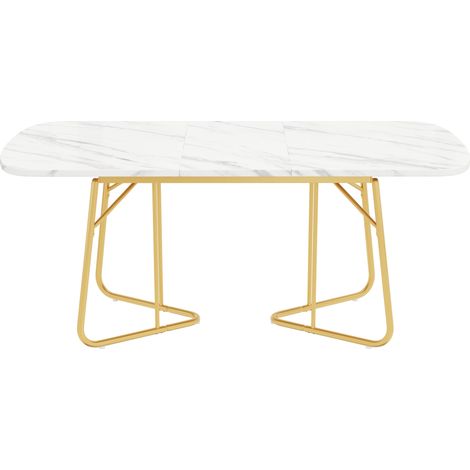 Mesa de comedor extensible blanca efecto mármol con patas de metal dorado 140/180x80 cm (1/5)