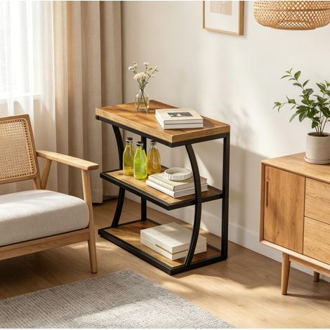 Mesa auxiliar de 3 estantes de MDF y metal 60x30x61 cm negro y marrón OKWISH (1/5)