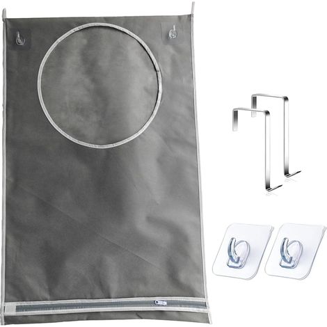 Cesta de ropa colgante, bolsa de lavandería portátil con cremallera, cesta de ropa colgante con ganchos de acero inoxidable y ganchos adhesivos, almacenamiento para ropa sucia (1/5)