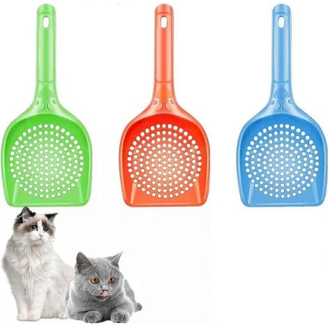 Lot de 3 pelles à litière pour chats avec manche long et confortable en caoutchouc, idéales pour les chats et les chatons. (1/5)