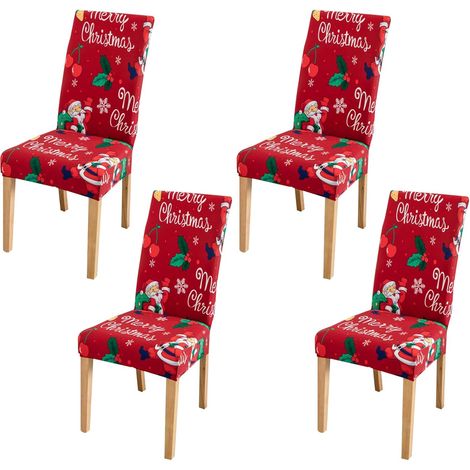 4 Pièces Housse de Chaise de Noël, Housses de Chaise de Salle à Manger Amovibles et lavables de Noël, Couverture de Chaise Extensible père noël (1/5)