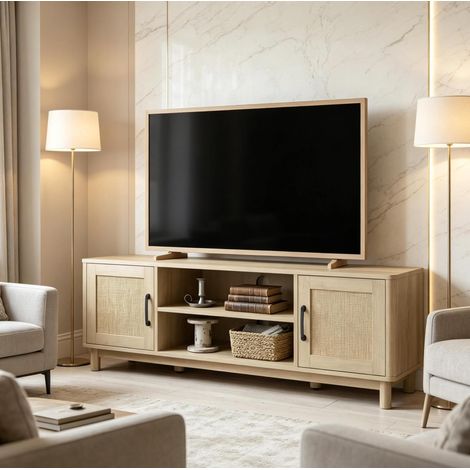 Mueble TV con compartimentos abiertos y puertas dobles, 135 x 39 x 45 cm, roble HAVRYA (1/5)