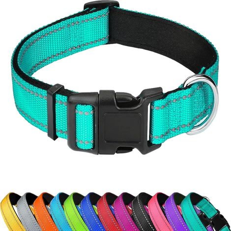 Collier réfléchissant pour chien PWOD, collier ajustable en nylon souple rembourré de néoprène avec boucle, convient aux grands chiens, cyan, XL (1/5)