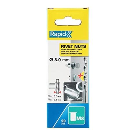 M8 - Tuercas de Crimpado para Tornillo ø8mm - Caja de 20 + Broca - Rápido