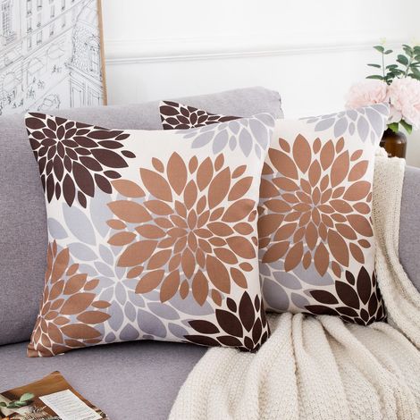 Lot de 2 Housses de Coussin 45x45cm Marron et Gris Fleur Simple Durable Lin Imprimé Géométrique Abstraite Taie d'oreiller Carrée Douce Housse de Coussin pour Canapé Banc Lit Voiture (1/5)