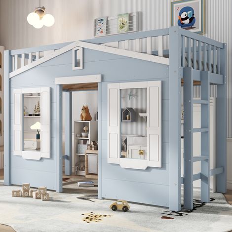 Letto a soppalco per bambini 90x200 cm, scala reversibile, in pino, MDF e compensato, blu HAVRYA (1/5)