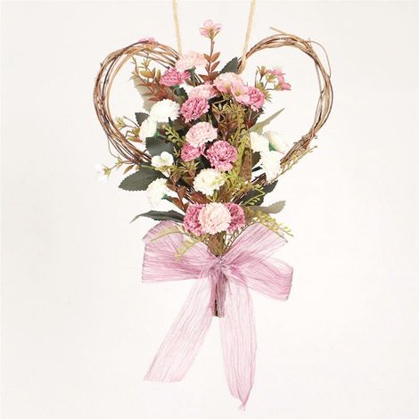 Couronne de cœur d'œillets artificiels, guirlande murale de fleurs en soie avec lumières LED, 25 x 35 cm, décoration intérieure (1/2)